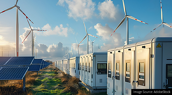 Battery storage on a wind and solar farm