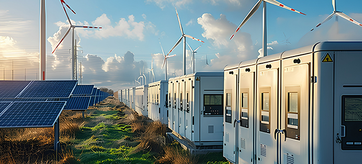 Battery storage on a wind and solar farm