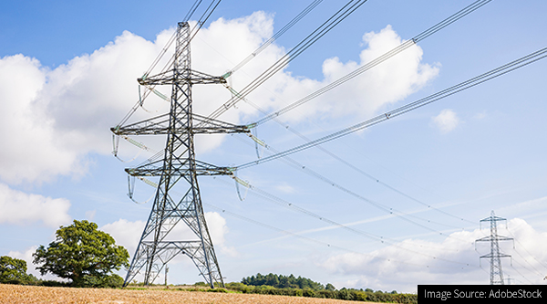 Photograph of electricity pylons in an English field.