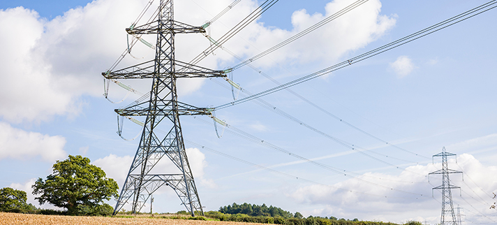 Photograph of electricity pylons in an English field.