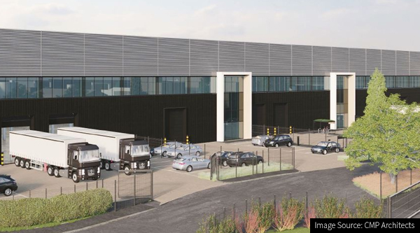 CGI of four industrial/warehouse units in Hillingdon, in west London. 